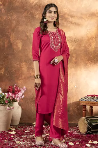 Pink Designer Straight Kurti Pant Dupatta Set With Embroidery And Hand Work