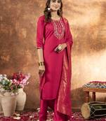 Pink Designer Straight Kurti Pant Dupatta Set With Embroidery And Hand Work