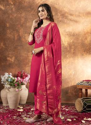 Pink Designer Straight Kurti Pant Dupatta Set With Embroidery And Hand Work 3