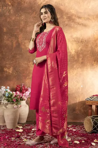 Pink Designer Straight Kurti Pant Dupatta Set With Embroidery And Hand Work