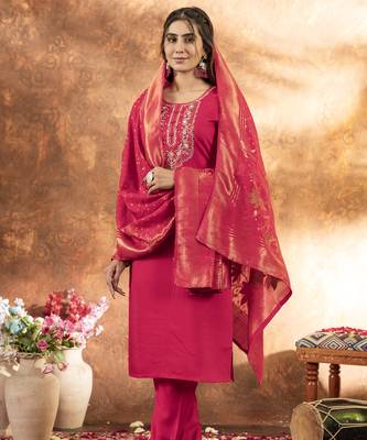 Pink Designer Straight Kurti Pant Dupatta Set With Embroidery And Hand Work 4