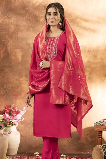 Pink Designer Straight Kurti Pant Dupatta Set With Embroidery And Hand Work