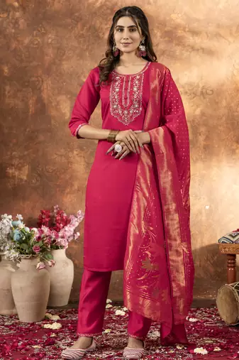 Pink Designer Straight Kurti Pant Dupatta Set With Embroidery And Hand Work