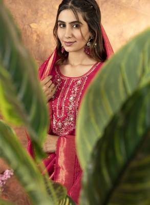 Pink Designer Straight Kurti Pant Dupatta Set With Embroidery And Hand Work 6