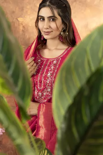 Pink Designer Straight Kurti Pant Dupatta Set With Embroidery And Hand Work