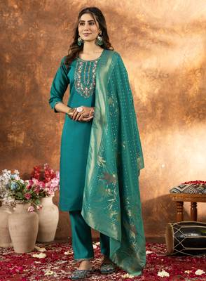 Rama Designer Straight Kurti Pant Dupatta Set With Embroidery And Hand Work 1
