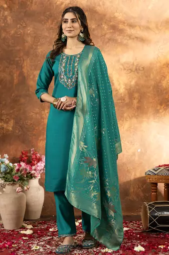 Rama Designer Straight Kurti Pant Dupatta Set With Embroidery And Hand Work