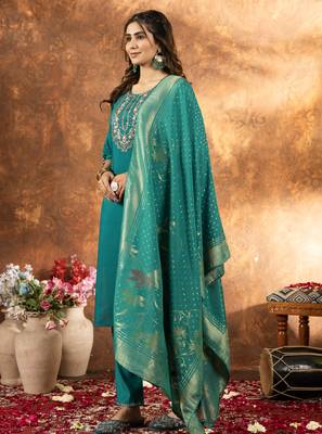 Rama Designer Straight Kurti Pant Dupatta Set With Embroidery And Hand Work 3