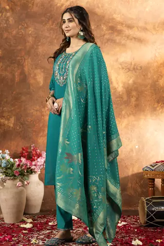 Rama Designer Straight Kurti Pant Dupatta Set With Embroidery And Hand Work