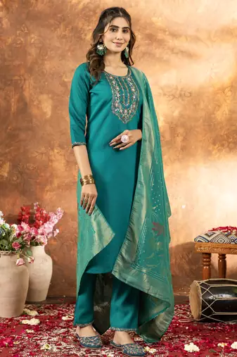 Rama Designer Straight Kurti Pant Dupatta Set With Embroidery And Hand Work