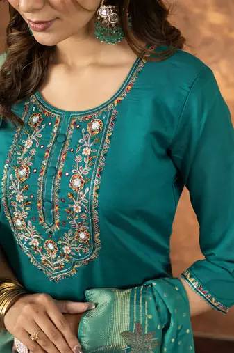 Rama Designer Straight Kurti Pant Dupatta Set With Embroidery And Hand Work