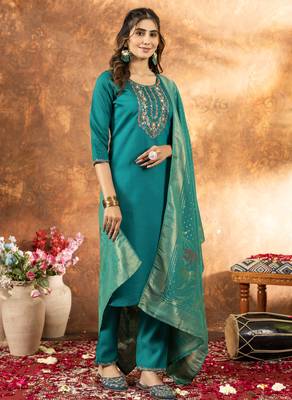 Rama Designer Straight Kurti Pant Dupatta Set With Embroidery And Hand Work 6