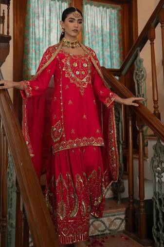 RED CHINON EMBROIDERY PARTY WEAR SUIT SET 