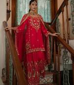 RED CHINON EMBROIDERY PARTY WEAR SUIT SET 