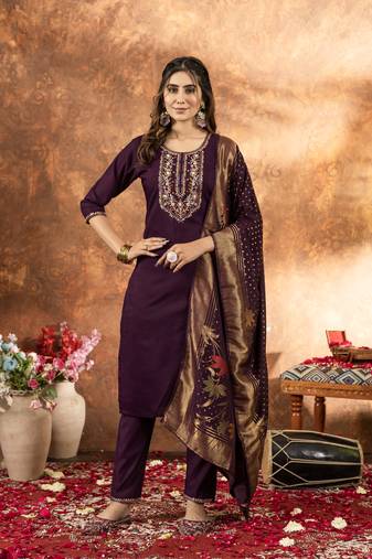 	Wine Designer Straight Kurti Pant Dupatta Set With Embroidery And Hand Work