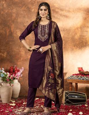 	Wine Designer Straight Kurti Pant Dupatta Set With Embroidery And Hand Work 1