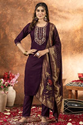 	Wine Designer Straight Kurti Pant Dupatta Set With Embroidery And Hand Work