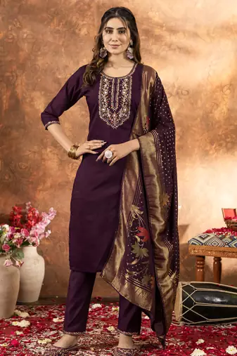 	Wine Designer Straight Kurti Pant Dupatta Set With Embroidery And Hand Work