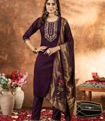 	Wine Designer Straight Kurti Pant Dupatta Set With Embroidery And Hand Work