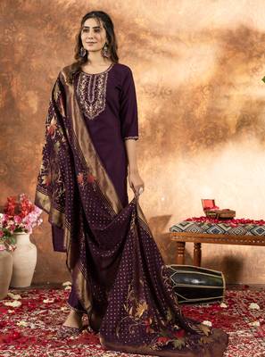 	Wine Designer Straight Kurti Pant Dupatta Set With Embroidery And Hand Work 3