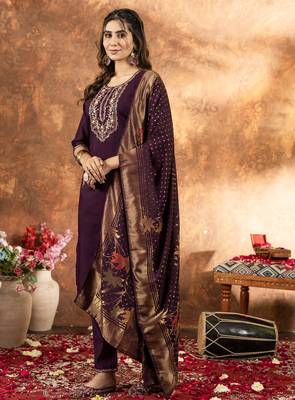 	Wine Designer Straight Kurti Pant Dupatta Set With Embroidery And Hand Work 4