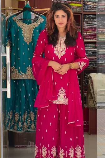 RED CHINON EMBROIDERY PARTY WEAR SUIT SET 