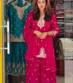 RED CHINON EMBROIDERY PARTY WEAR SUIT SET 