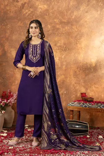 Purple Designer Straight Kurti Pant Dupatta Set With Embroidery And Hand Work
