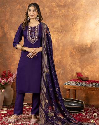 Purple Designer Straight Kurti Pant Dupatta Set With Embroidery And Hand Work 1
