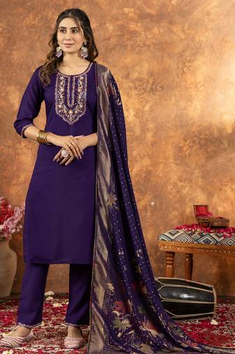 Purple Designer Straight Kurti Pant Dupatta Set With Embroidery And Hand Work