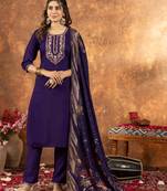 Purple Designer Straight Kurti Pant Dupatta Set With Embroidery And Hand Work