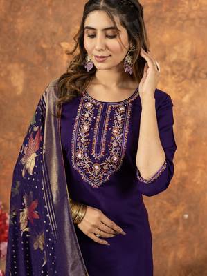 Purple Designer Straight Kurti Pant Dupatta Set With Embroidery And Hand Work 3
