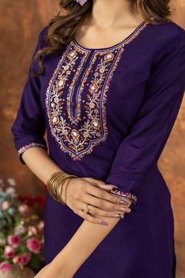 Purple Designer Straight Kurti Pant Dupatta Set With Embroidery And Hand Work 4