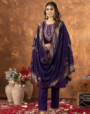 Purple Designer Straight Kurti Pant Dupatta Set With Embroidery And Hand Work 5