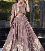 Mauve Floral Print Tussar Silk Party Wear Crop Top Lehenga With Jacket