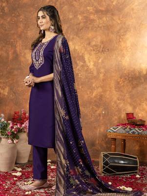 Purple Designer Straight Kurti Pant Dupatta Set With Embroidery And Hand Work 6