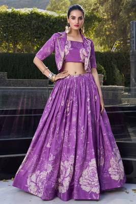purple printed tussar silk cocktail crop top lehenga with jacket 1