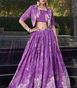 Purple Printed Tussar Silk Cocktail Wear Crop Top Lehenga With Jacket