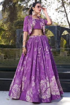 purple printed tussar silk cocktail crop top lehenga with jacket 2