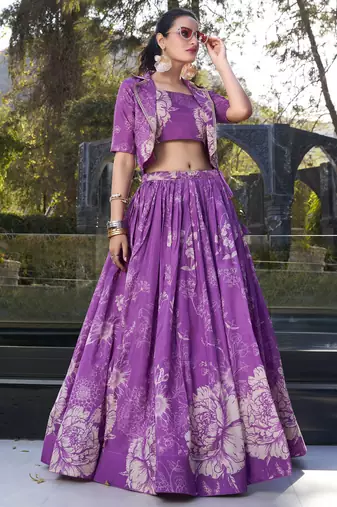 purple printed tussar silk cocktail crop top lehenga with jacket