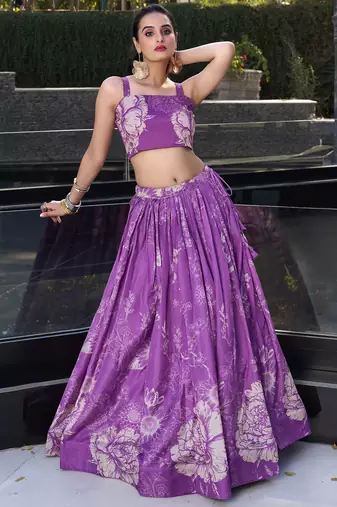 purple printed tussar silk cocktail crop top lehenga with jacket
