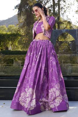 purple printed tussar silk cocktail crop top lehenga with jacket 4