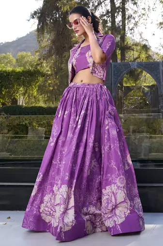 purple printed tussar silk cocktail crop top lehenga with jacket