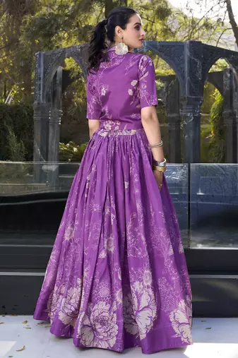 purple printed tussar silk cocktail crop top lehenga with jacket