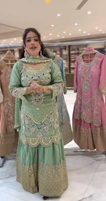 GREEN PISTA NATURAL CREP Embroidery Work PARTY WEAR SUIT SET  1