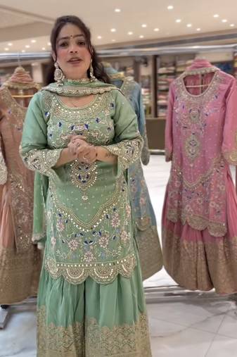 GREEN PISTA NATURAL CREP Embroidery Work PARTY WEAR SUIT SET 