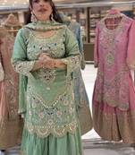 GREEN PISTA NATURAL CREP Embroidery Work PARTY WEAR SUIT SET 