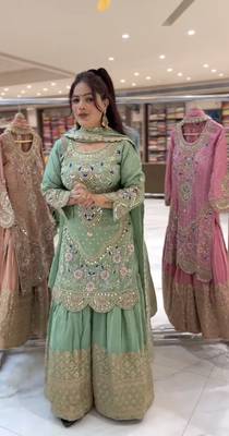 GREEN PISTA NATURAL CREP Embroidery Work PARTY WEAR SUIT SET  2