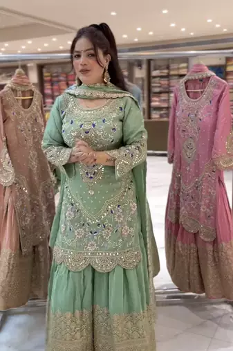GREEN PISTA NATURAL CREP Embroidery Work PARTY WEAR SUIT SET 