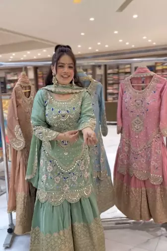 GREEN PISTA NATURAL CREP Embroidery Work PARTY WEAR SUIT SET 